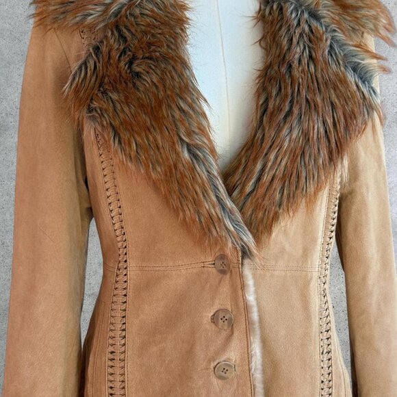 Vintage tan suede coat with faux fur trim - Picture 2 of 8